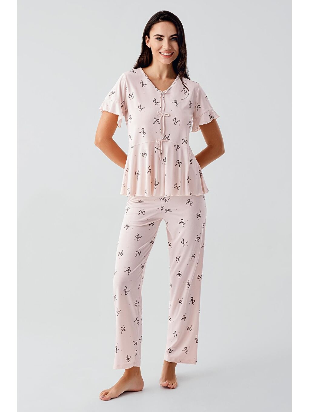 Pembe Fiyonk Desenli Kısa Kollu Esnek Viskoz Pijama Takım 17206