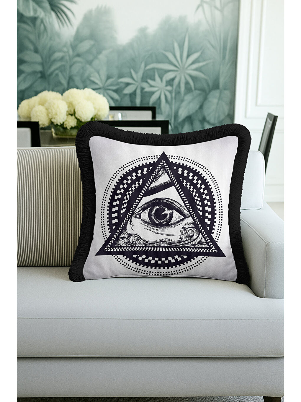 Karışık Mistik Üçgen Göz Saçaklı Yastık Kılıfı - Kozmik Geometrik Modern Siyah Beyaz Püsküllü Kırlent Kılıfı-3