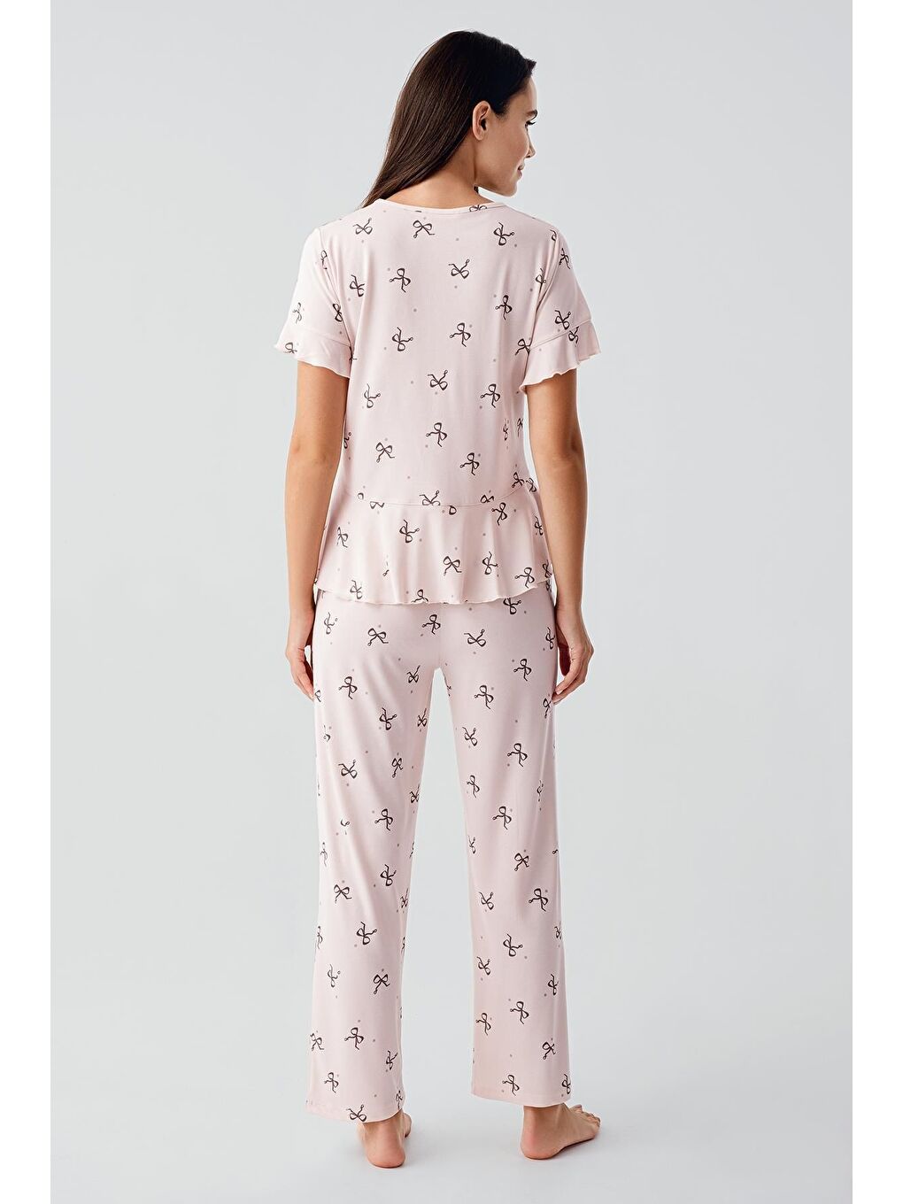 Pembe Fiyonk Desenli Kısa Kollu Esnek Viskoz Pijama Takım 17206-3