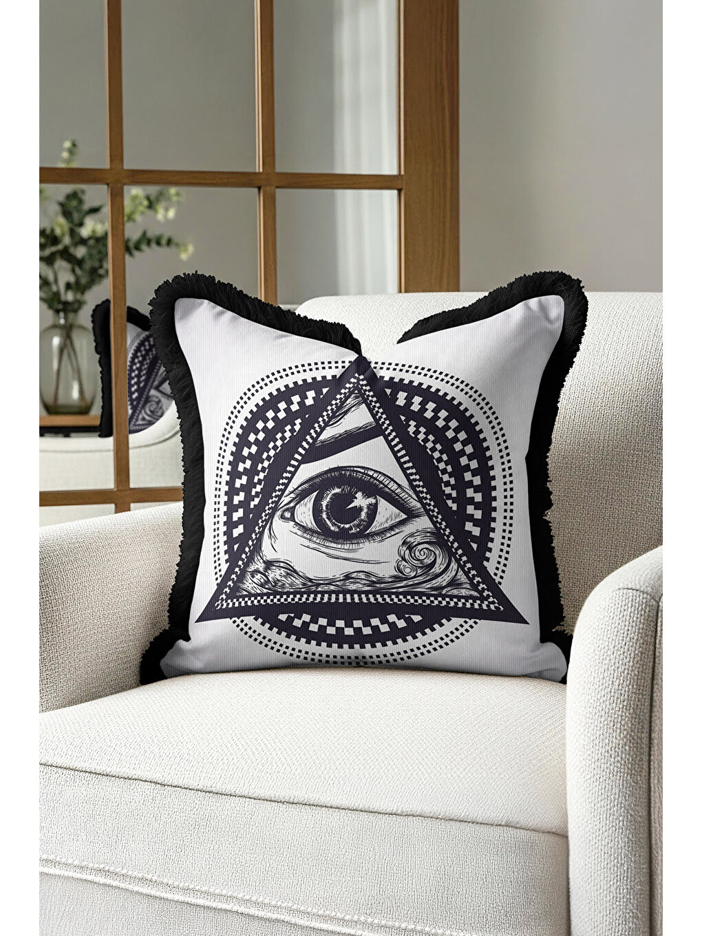 Karışık Mistik Üçgen Göz Saçaklı Yastık Kılıfı - Kozmik Geometrik Modern Siyah Beyaz Püsküllü Kırlent Kılıfı-4