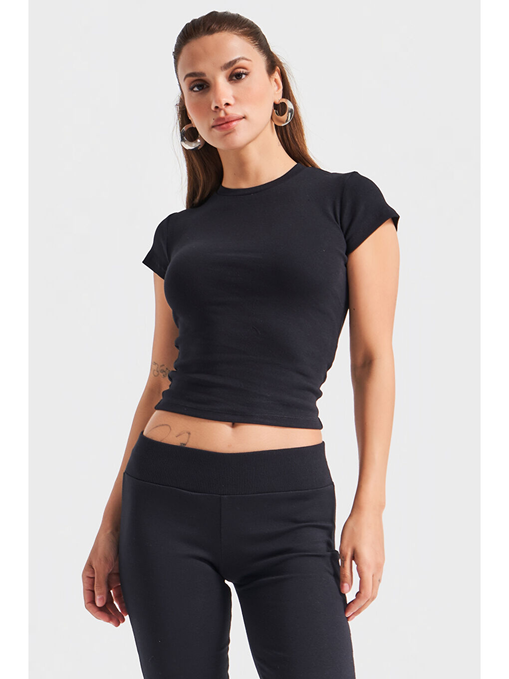 Kadın Siyah Renk s5-1 Süper Esnek Kumaş %100 Pamuk Bisiklet Yaka Basic Body-1