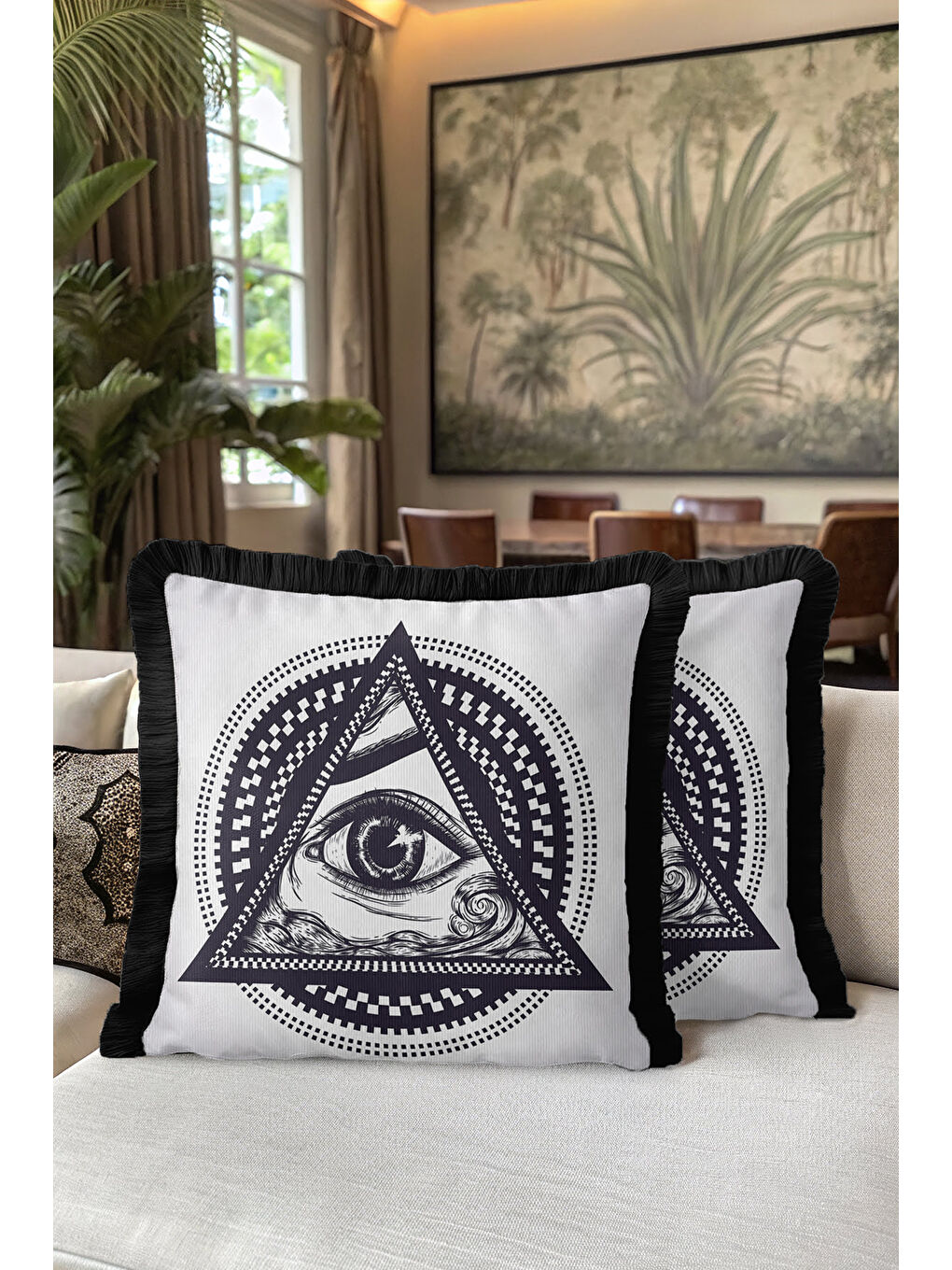 Karışık Mistik Üçgen Göz Saçaklı Yastık Kılıfı - Kozmik Geometrik Modern Siyah Beyaz Püsküllü Kırlent Kılıfı-5