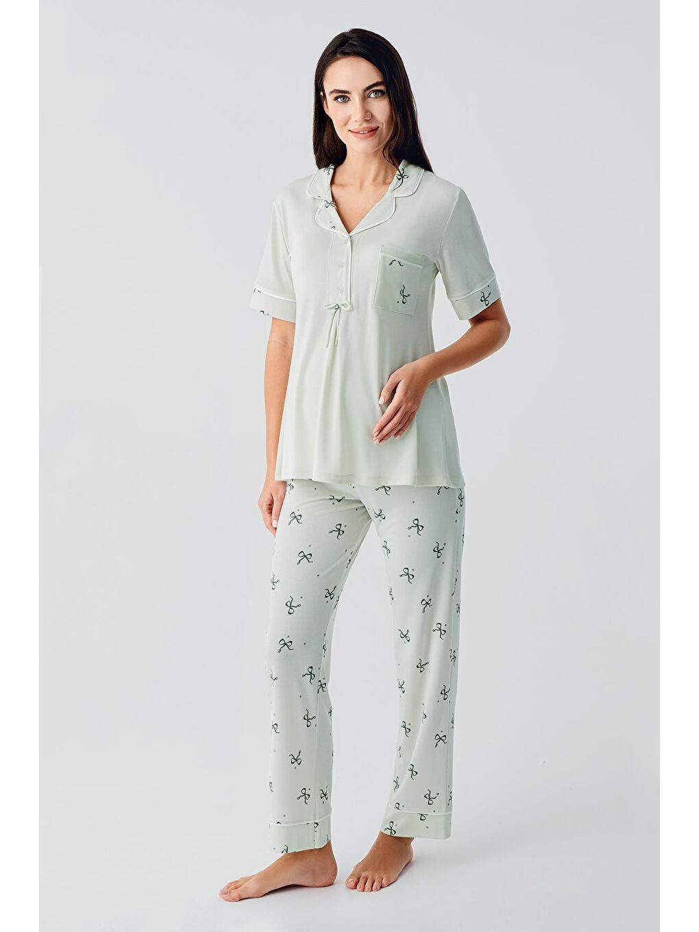 Yeşil Fiyonk Desenli Düğmeli Kısa Kollu Esnek Viskoz Hamile Pijama Takım 17207