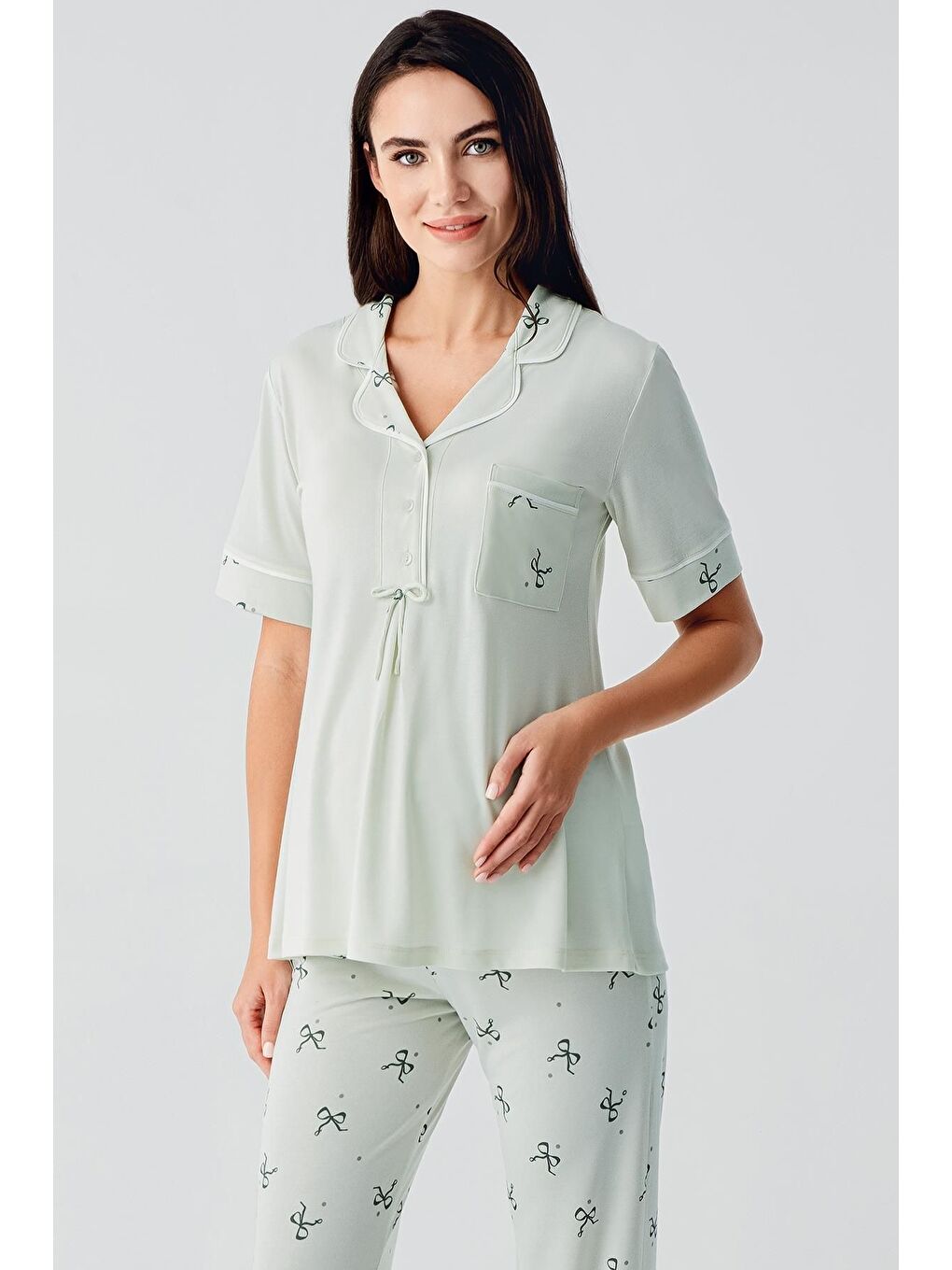 Yeşil Fiyonk Desenli Düğmeli Kısa Kollu Esnek Viskoz Hamile Pijama Takım 17207-1