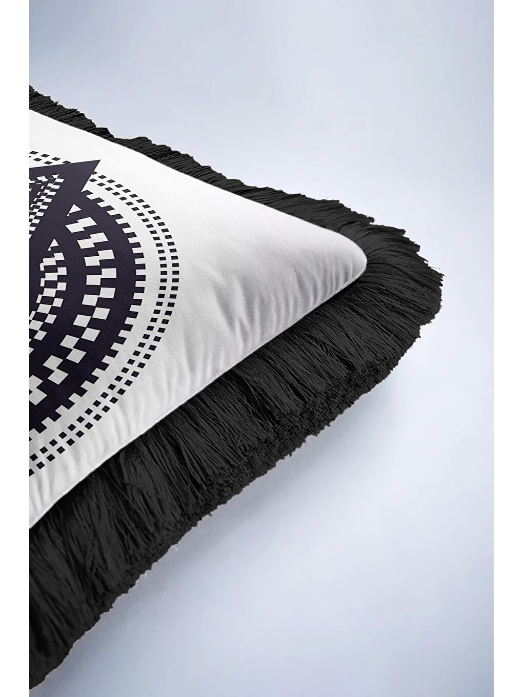 Karışık Mistik Üçgen Göz Saçaklı Yastık Kılıfı - Kozmik Geometrik Modern Siyah Beyaz Püsküllü Kırlent Kılıfı-6