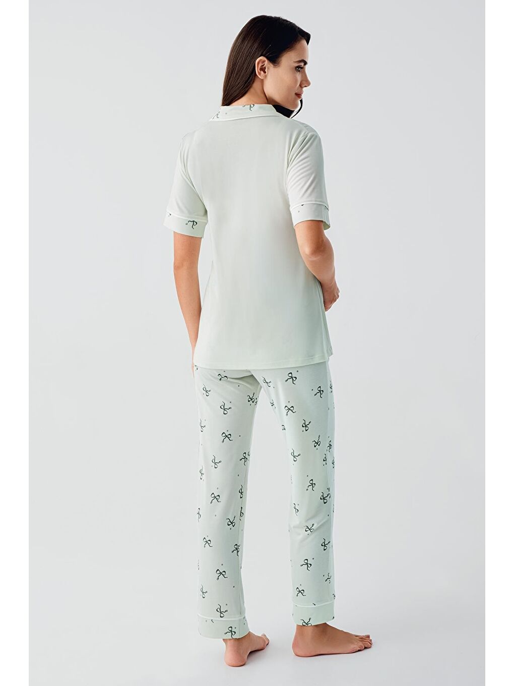 Yeşil Fiyonk Desenli Düğmeli Kısa Kollu Esnek Viskoz Hamile Pijama Takım 17207-2