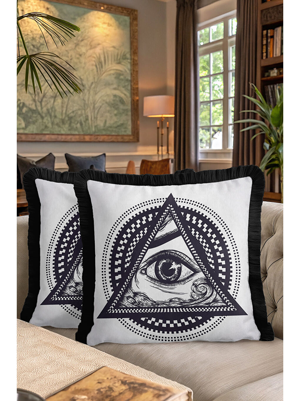 Karışık Mistik Üçgen Göz Saçaklı Yastık Kılıfı - Kozmik Geometrik Modern Siyah Beyaz Püsküllü Kırlent Kılıfı-7
