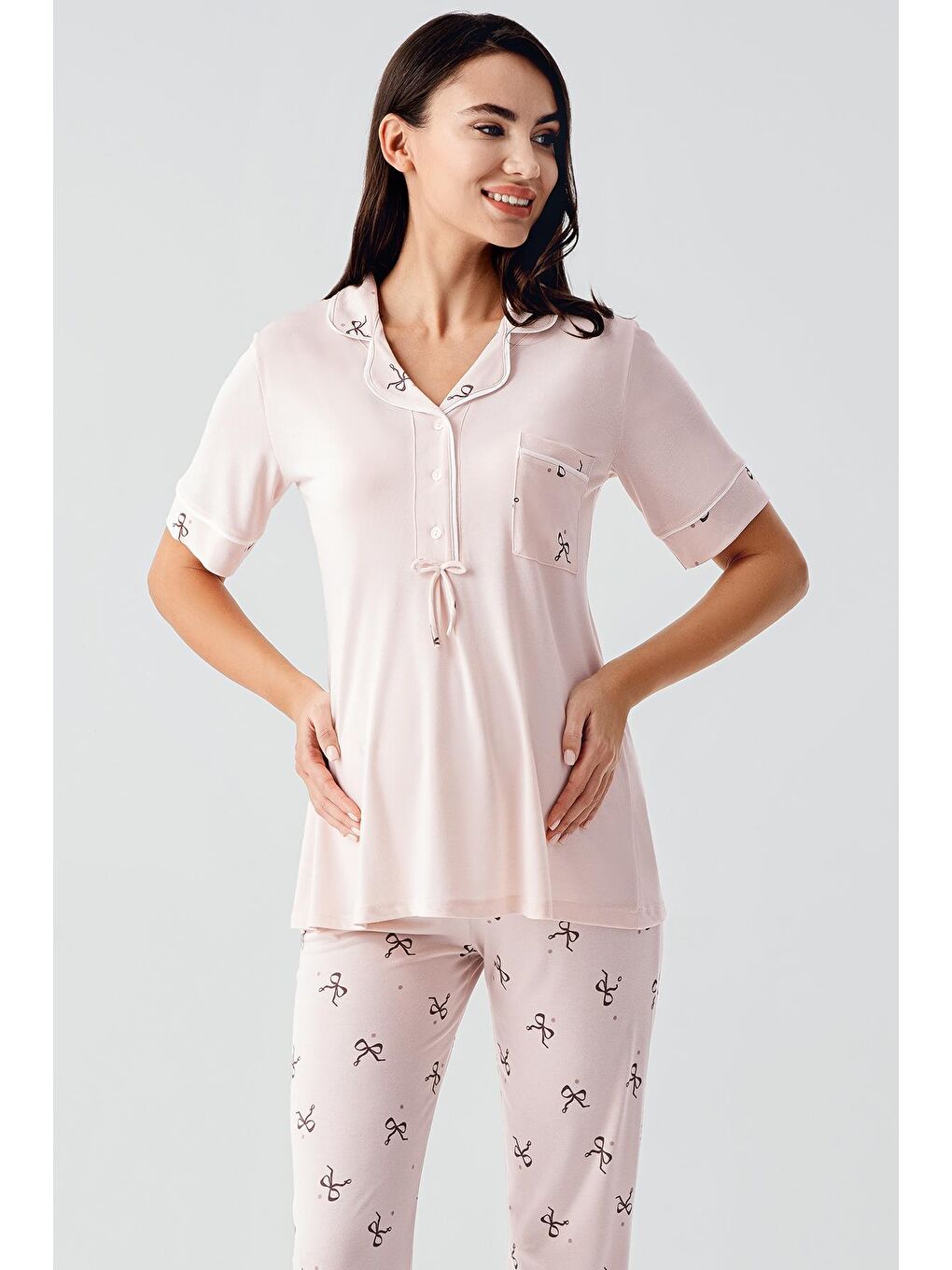 Pembe Fiyonk Desenli Düğmeli Kısa Kollu Esnek Viskoz Hamile Pijama Takım 17207-1