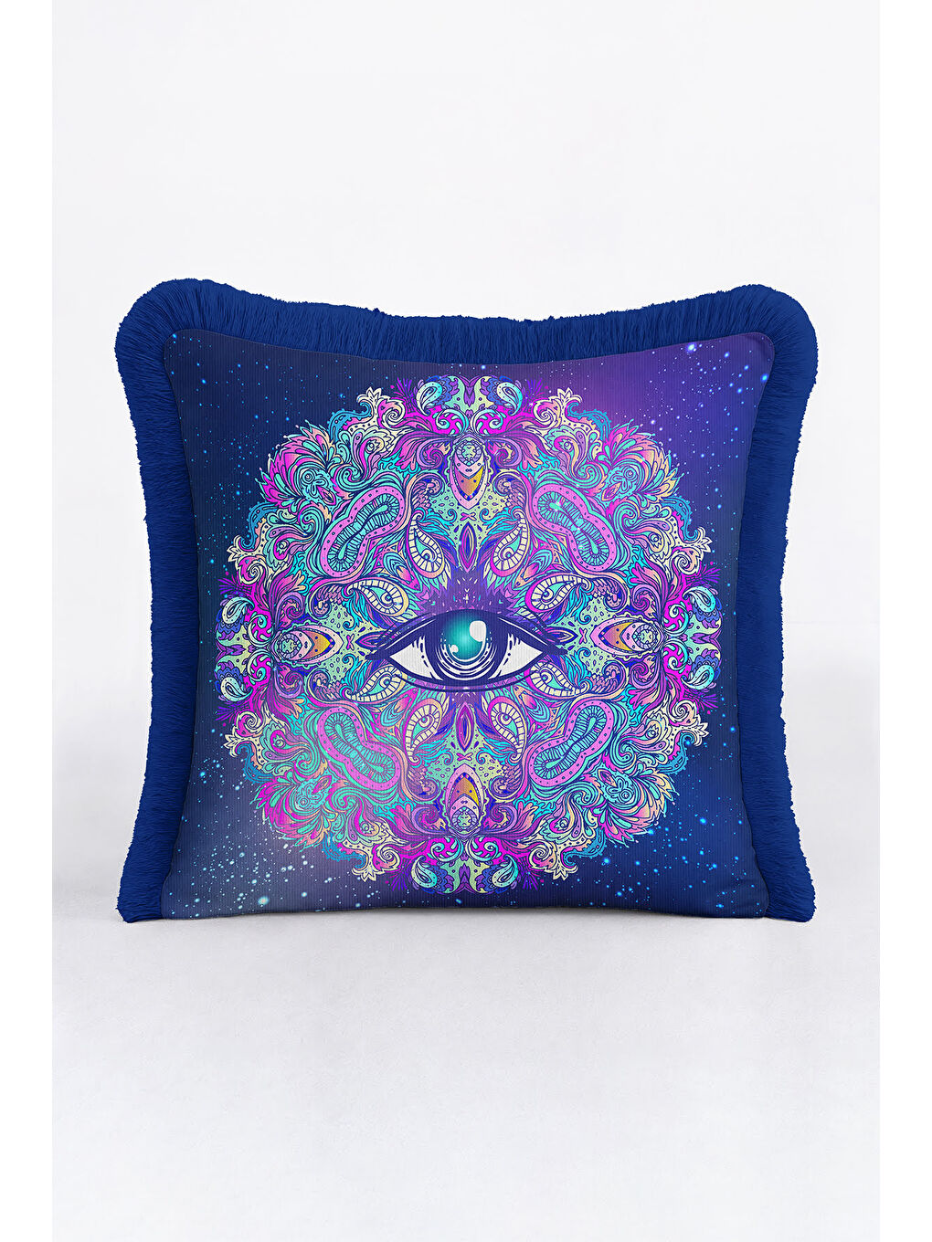 Karışık Mistik Mandala Saçaklı Yastık Kılıfı - Kozmik Bohem Lacivert Püsküllü Kırlent Kılıfı-1