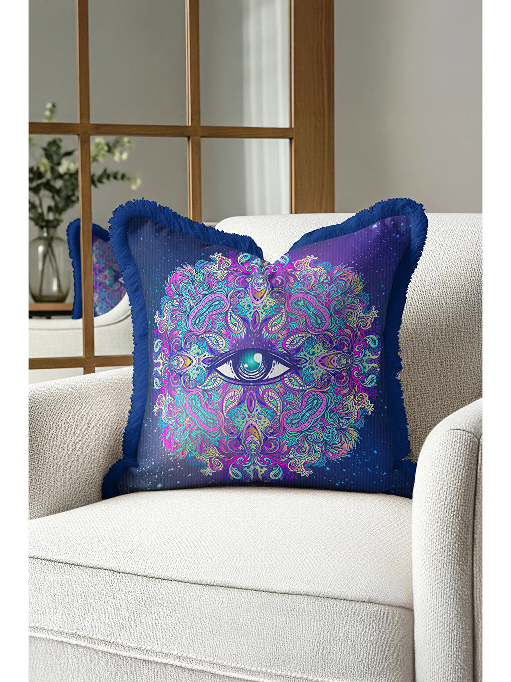 Karışık Mistik Mandala Saçaklı Yastık Kılıfı - Kozmik Bohem Lacivert Püsküllü Kırlent Kılıfı-2