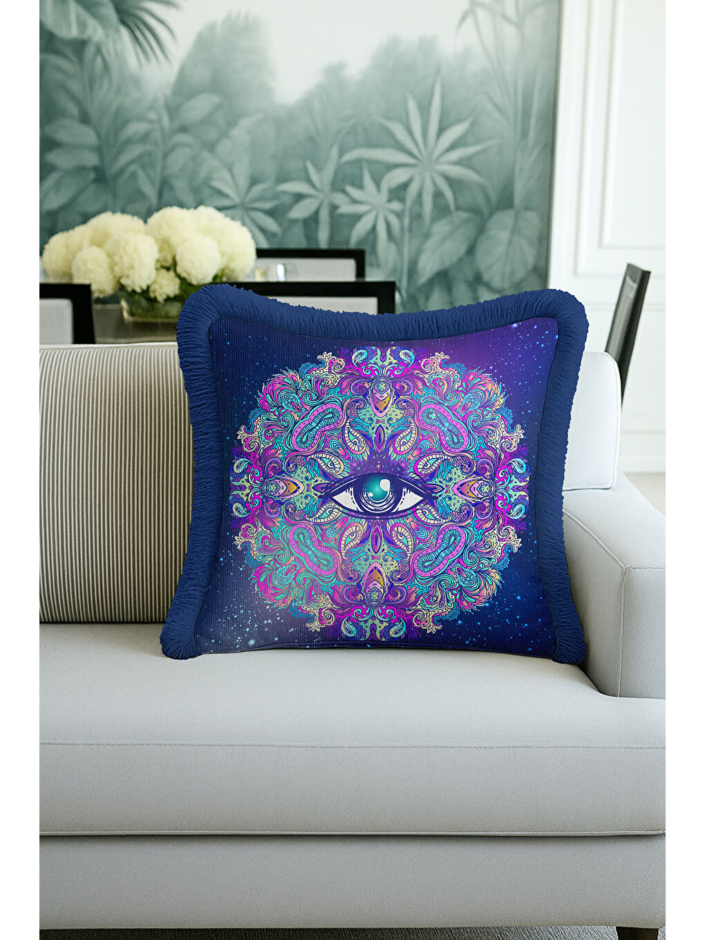 Karışık Mistik Mandala Saçaklı Yastık Kılıfı - Kozmik Bohem Lacivert Püsküllü Kırlent Kılıfı-3
