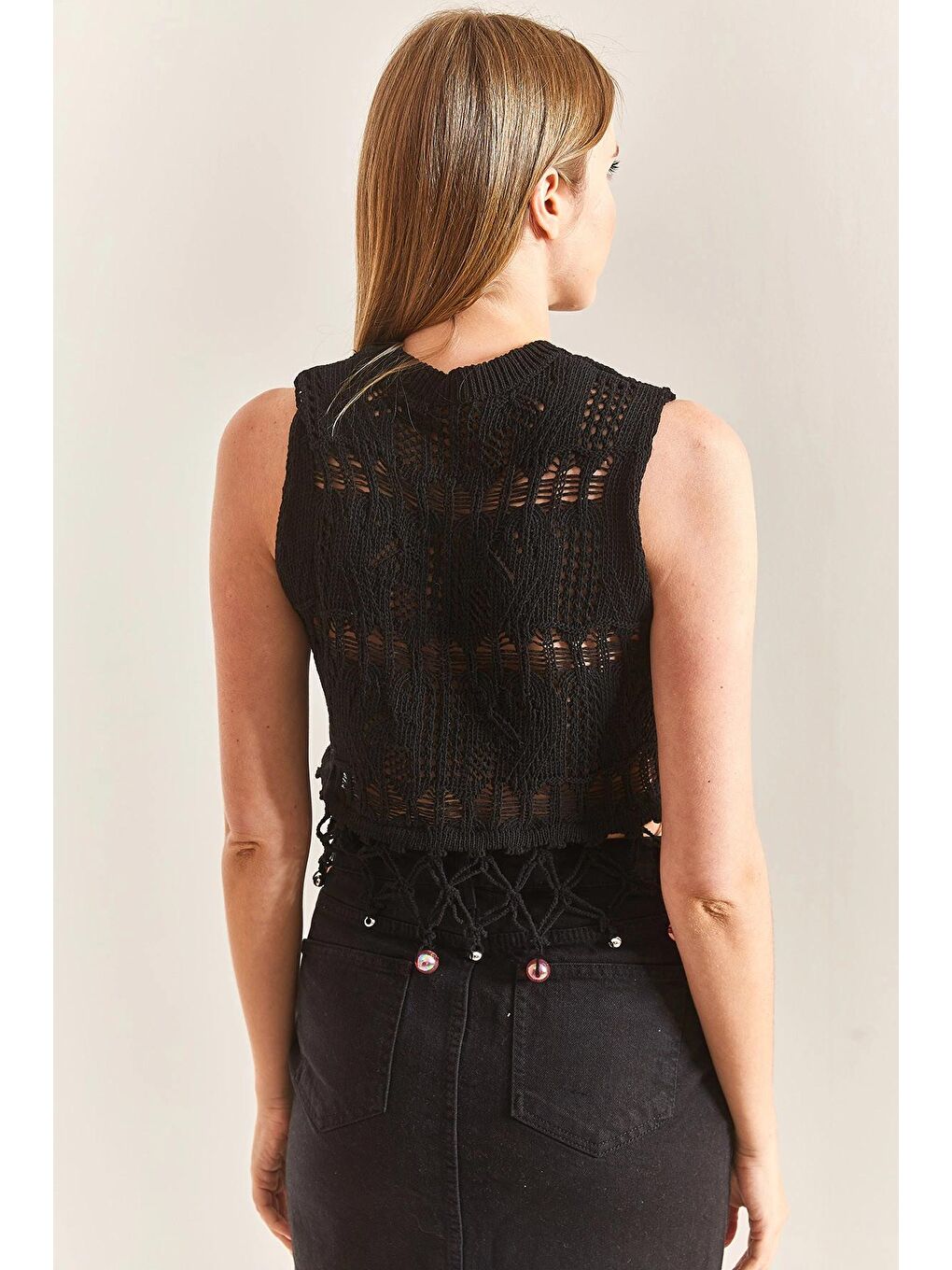 Siyah Kadın Ajurlu Saçakları Taş İşlemeli Desenli Triko Bluz-3