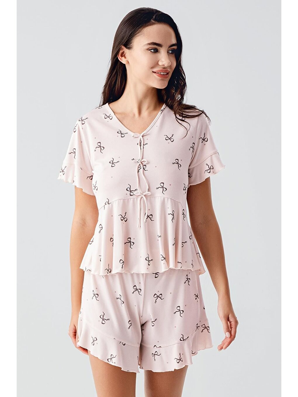 Pembe Fiyonk Desenli Kısa Kollu Esnek Viskoz Şort Pijama Takım 17205