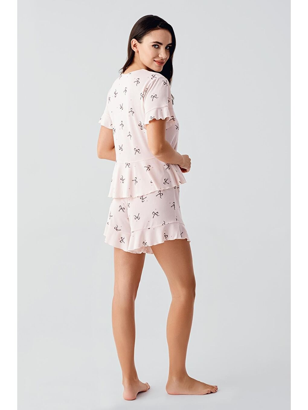 Pembe Fiyonk Desenli Kısa Kollu Esnek Viskoz Şort Pijama Takım 17205-1