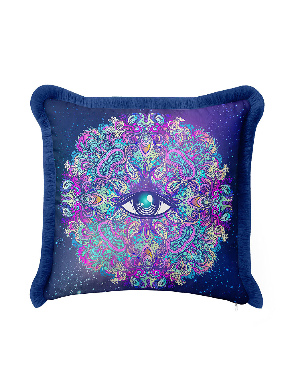 Karışık Mistik Mandala Saçaklı Yastık Kılıfı - Kozmik Bohem Lacivert Püsküllü Kırlent Kılıfı-4
