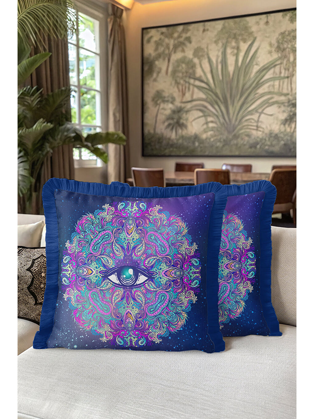 Karışık Mistik Mandala Saçaklı Yastık Kılıfı - Kozmik Bohem Lacivert Püsküllü Kırlent Kılıfı-5