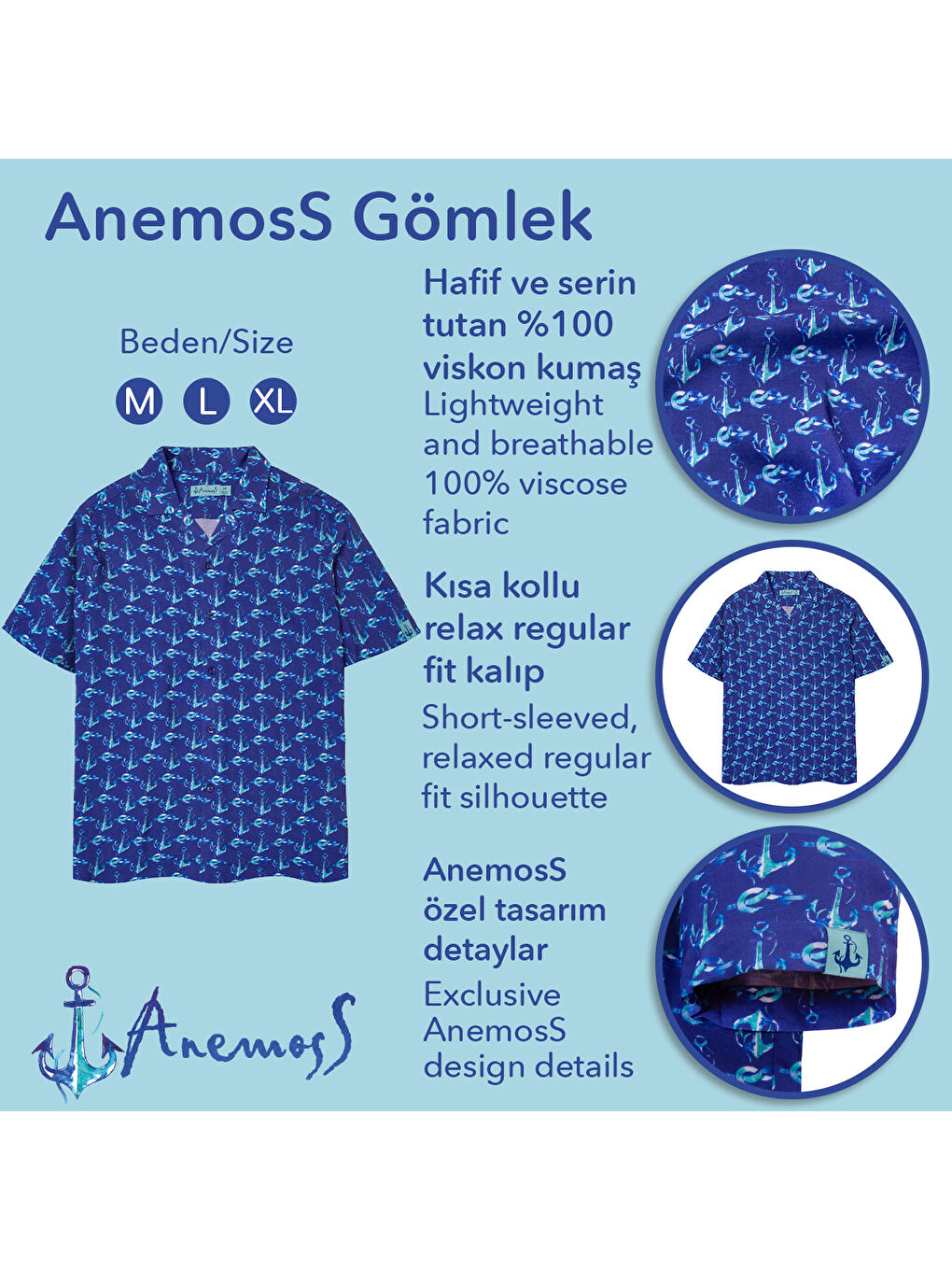 Karışık Çapa Desenli %100 Viskon Yumuşak Nefes Alabilir Kumaşlı Erkek Gömlek-6