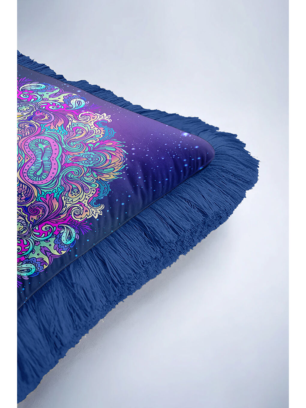 Karışık Mistik Mandala Saçaklı Yastık Kılıfı - Kozmik Bohem Lacivert Püsküllü Kırlent Kılıfı-6