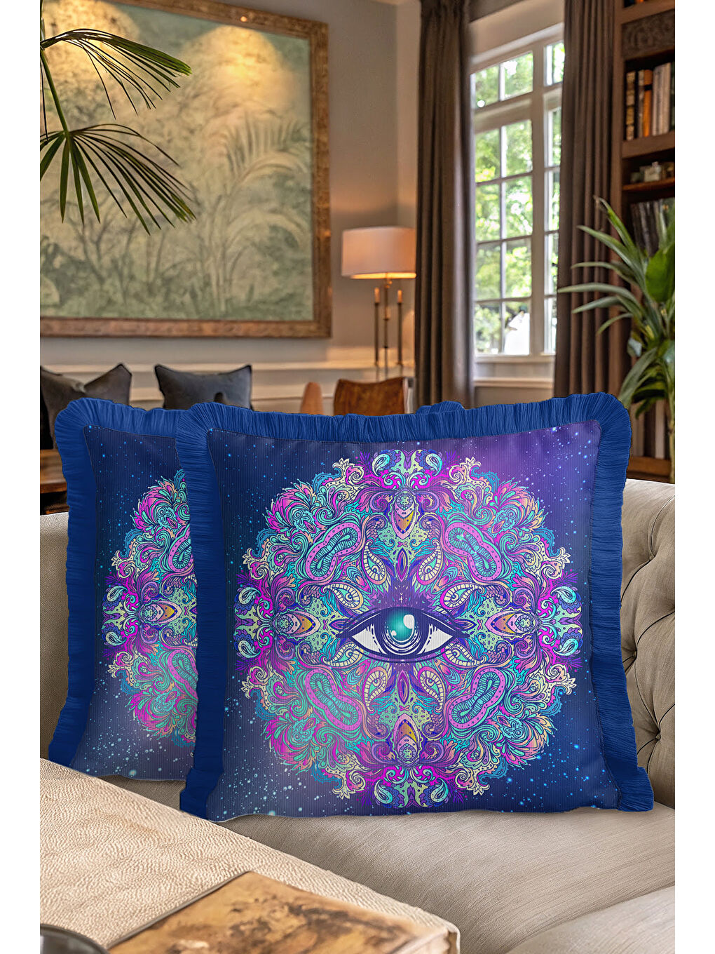 Karışık Mistik Mandala Saçaklı Yastık Kılıfı - Kozmik Bohem Lacivert Püsküllü Kırlent Kılıfı-7