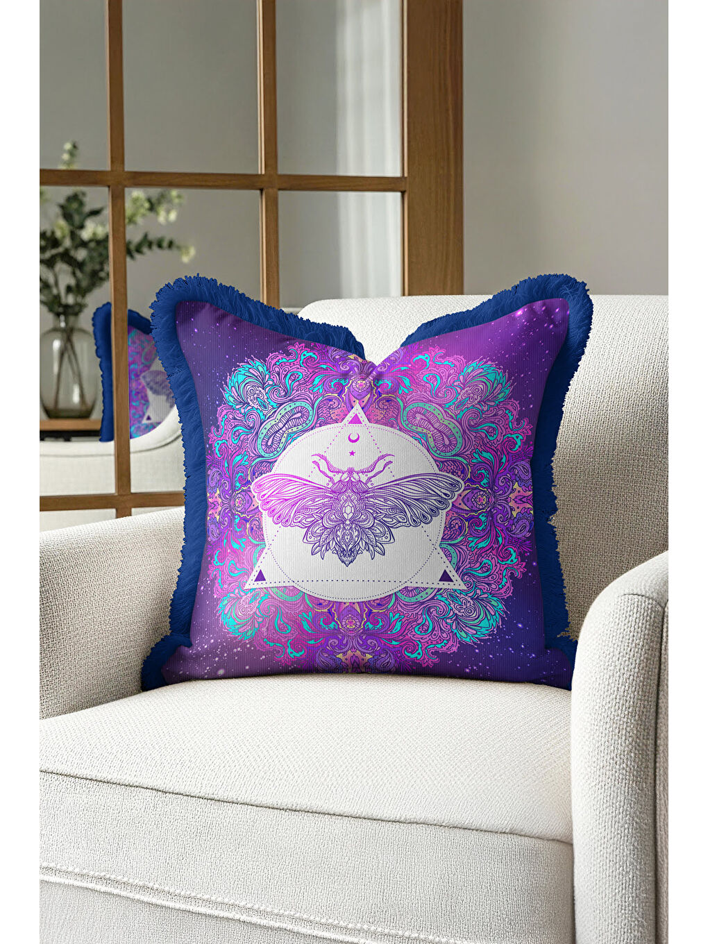Karışık Mistik Mandala Saçaklı Yastık Kılıfı - Efsunlu Bohem Mor Lacivert Püsküllü Kırlent Kılıfı-2