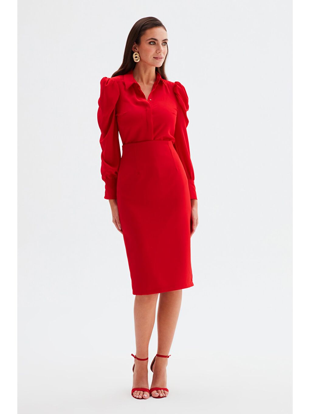 Düz Kalem Etek - Kırmızı-1