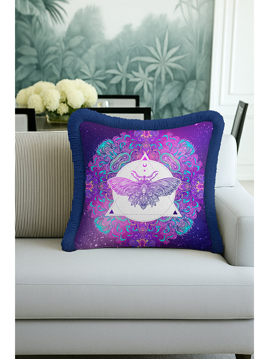 Karışık Mistik Mandala Saçaklı Yastık Kılıfı - Efsunlu Bohem Mor Lacivert Püsküllü Kırlent Kılıfı-3