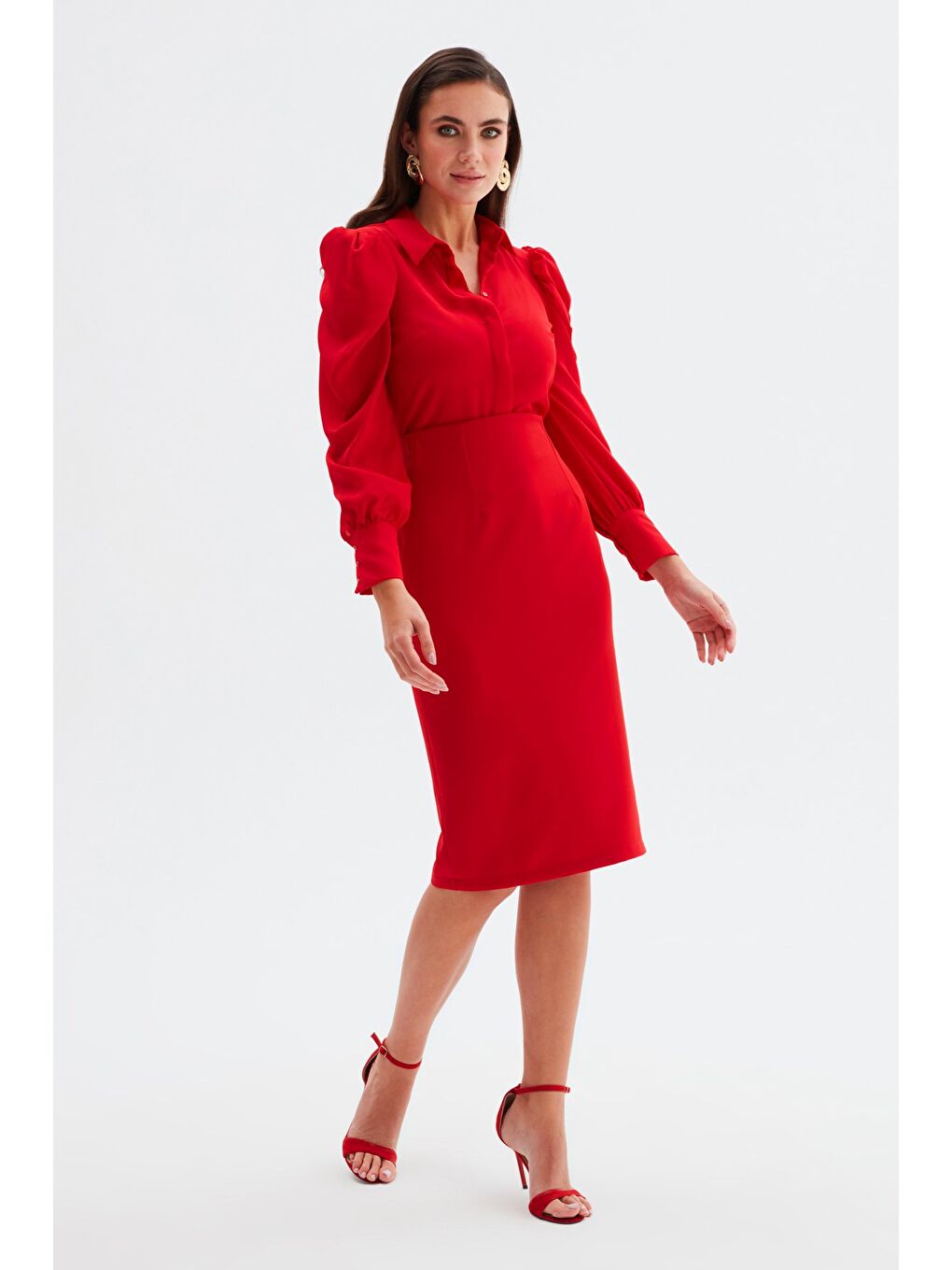 Düz Kalem Etek - Kırmızı-3