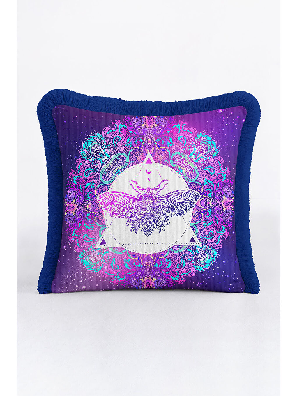 Karışık Mistik Mandala Saçaklı Yastık Kılıfı - Efsunlu Bohem Mor Lacivert Püsküllü Kırlent Kılıfı-4