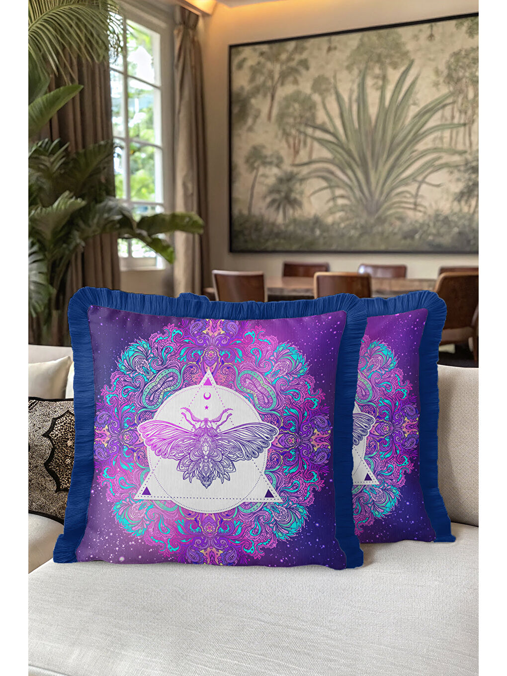 Karışık Mistik Mandala Saçaklı Yastık Kılıfı - Efsunlu Bohem Mor Lacivert Püsküllü Kırlent Kılıfı-5
