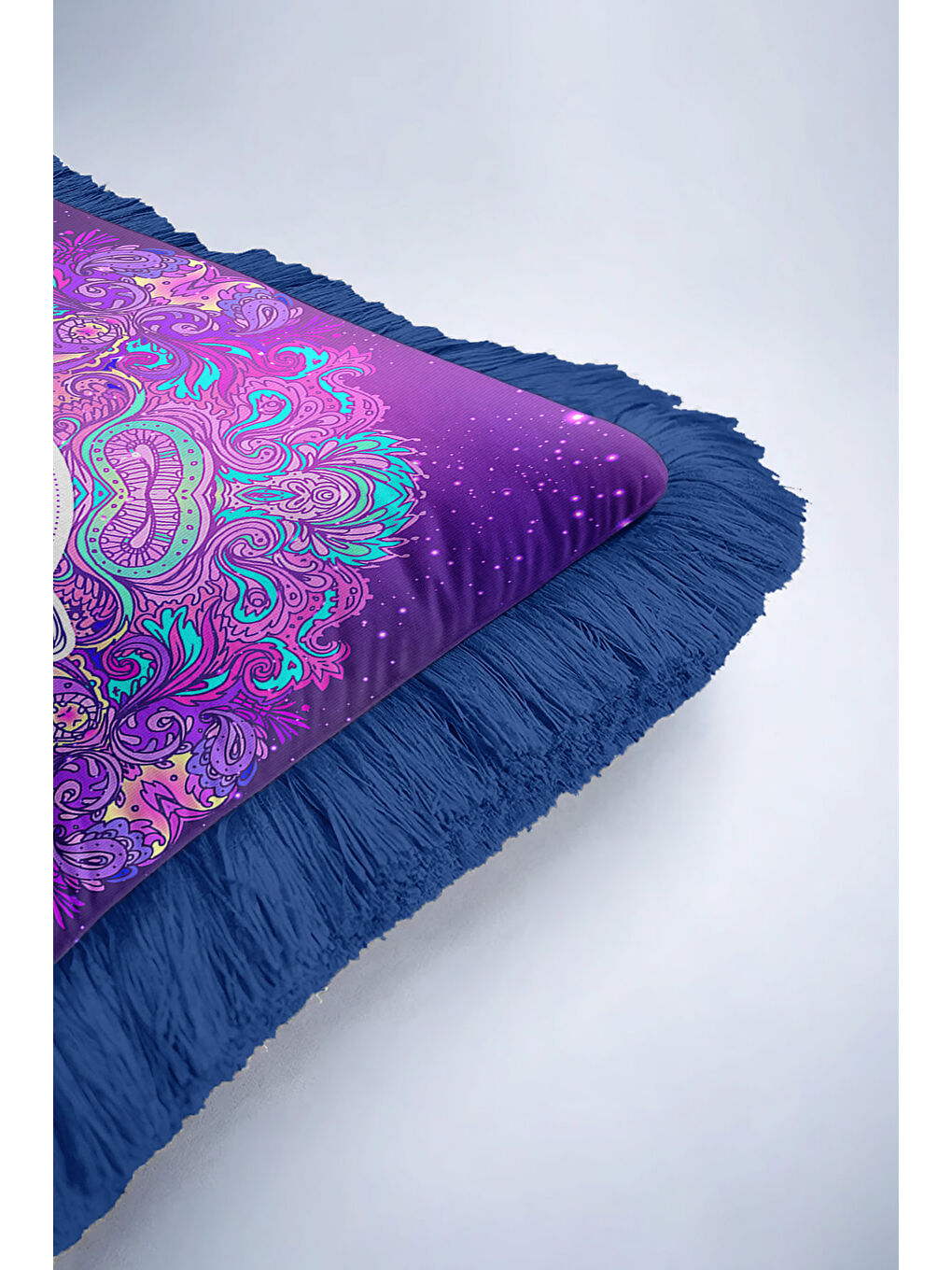 Karışık Mistik Mandala Saçaklı Yastık Kılıfı - Efsunlu Bohem Mor Lacivert Püsküllü Kırlent Kılıfı-6