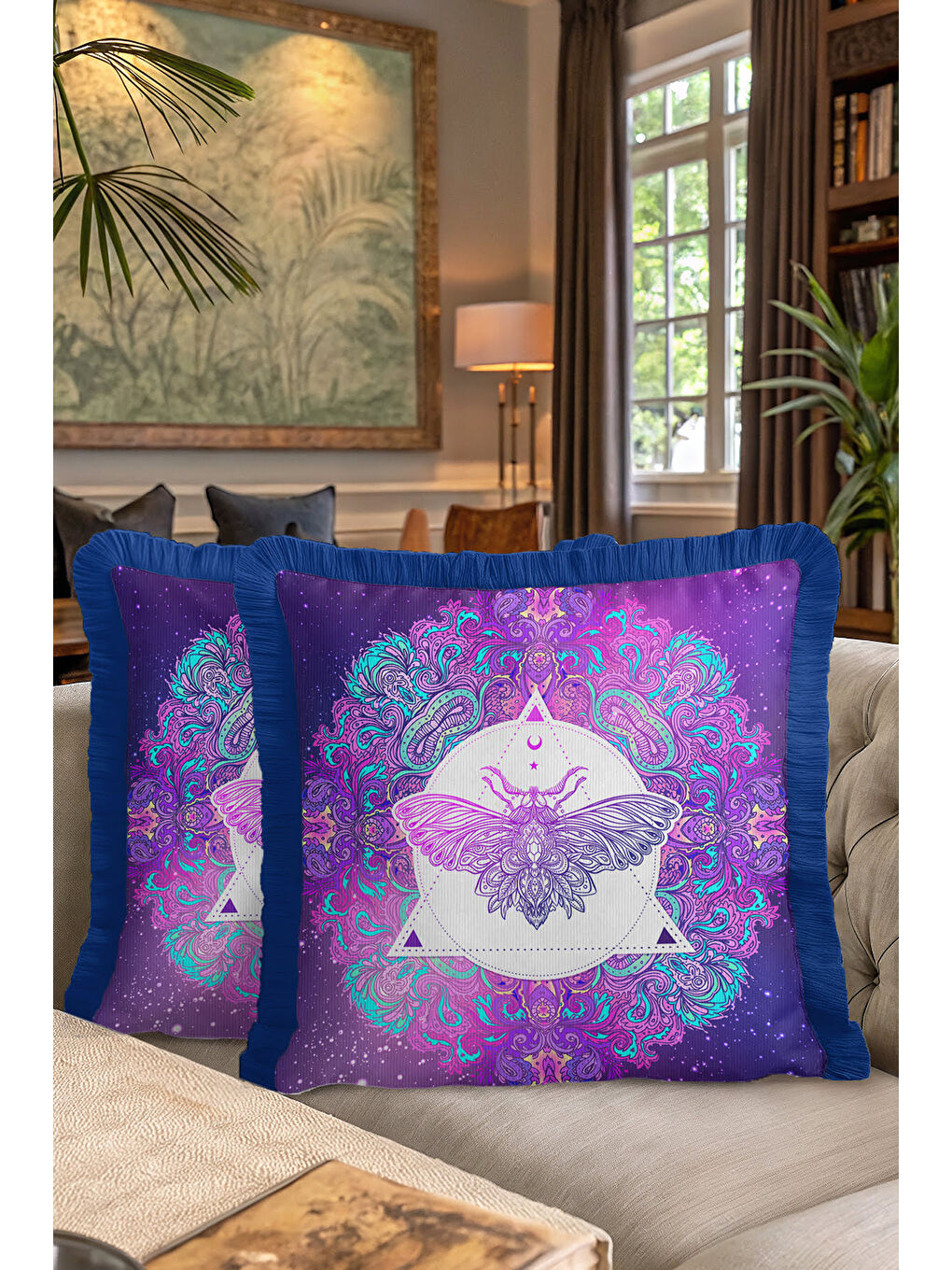 Karışık Mistik Mandala Saçaklı Yastık Kılıfı - Efsunlu Bohem Mor Lacivert Püsküllü Kırlent Kılıfı-7