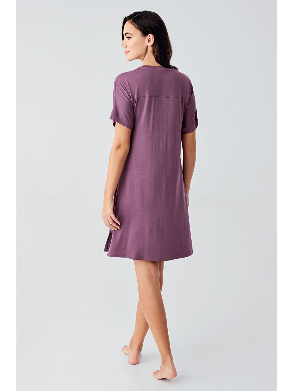 Mürdüm Dantelli Kısa Kollu Esnek Viskoz Gecelik 17104-2