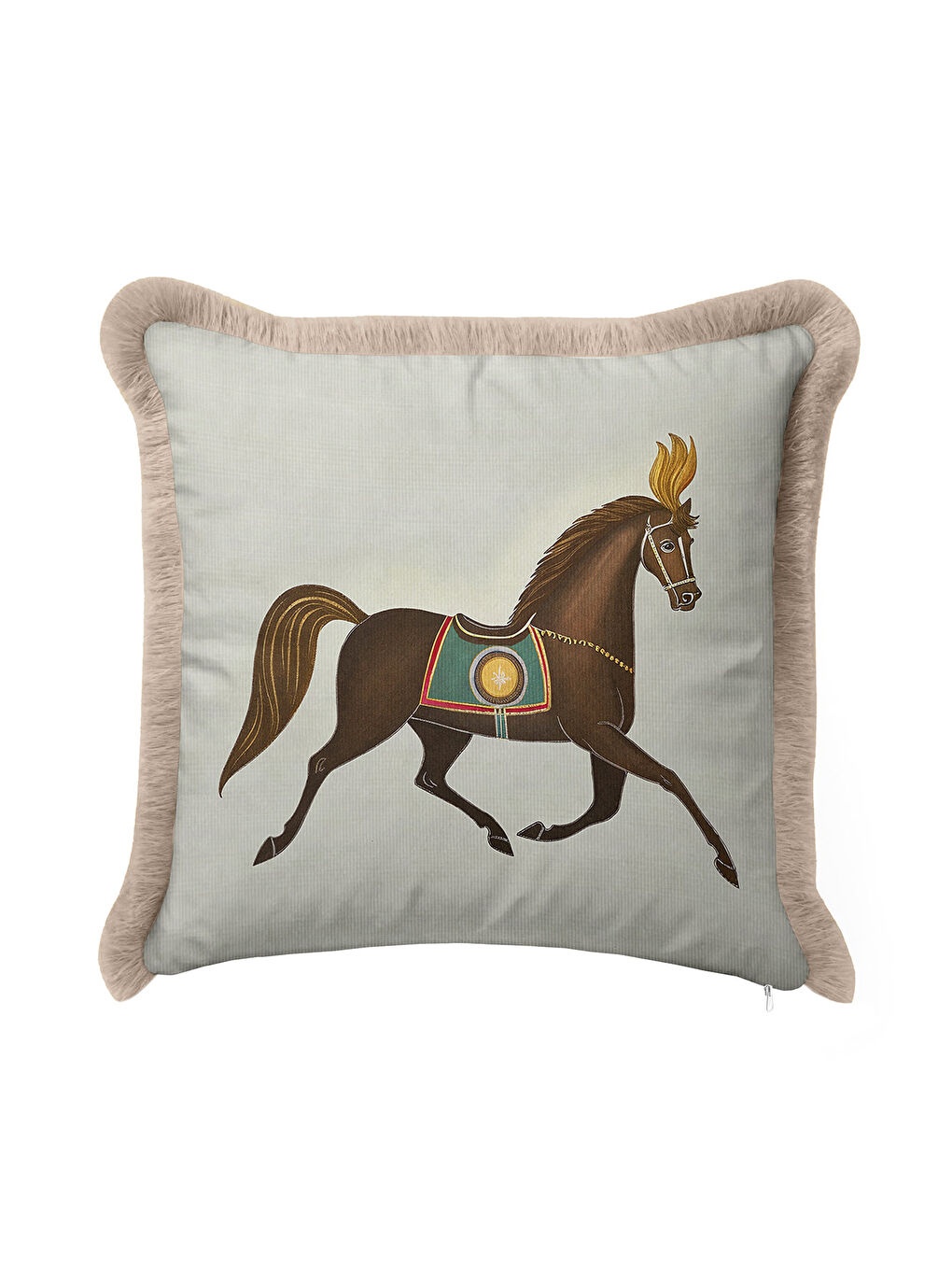 Karışık Zarif At Figürlü Saçaklı Yastık Kılıfı - Klasik Temalı Bej Kahverengi Püsküllü Kırlent Kılıfı