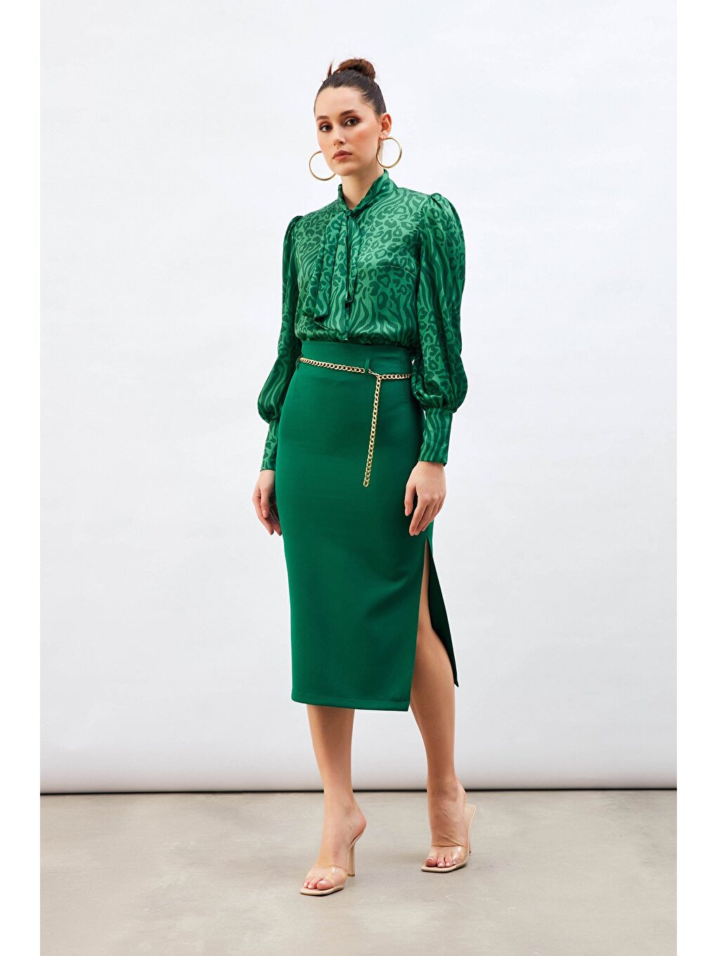 Yeşil Zincir Kemerli Kalem Etek - Zümrüt-1