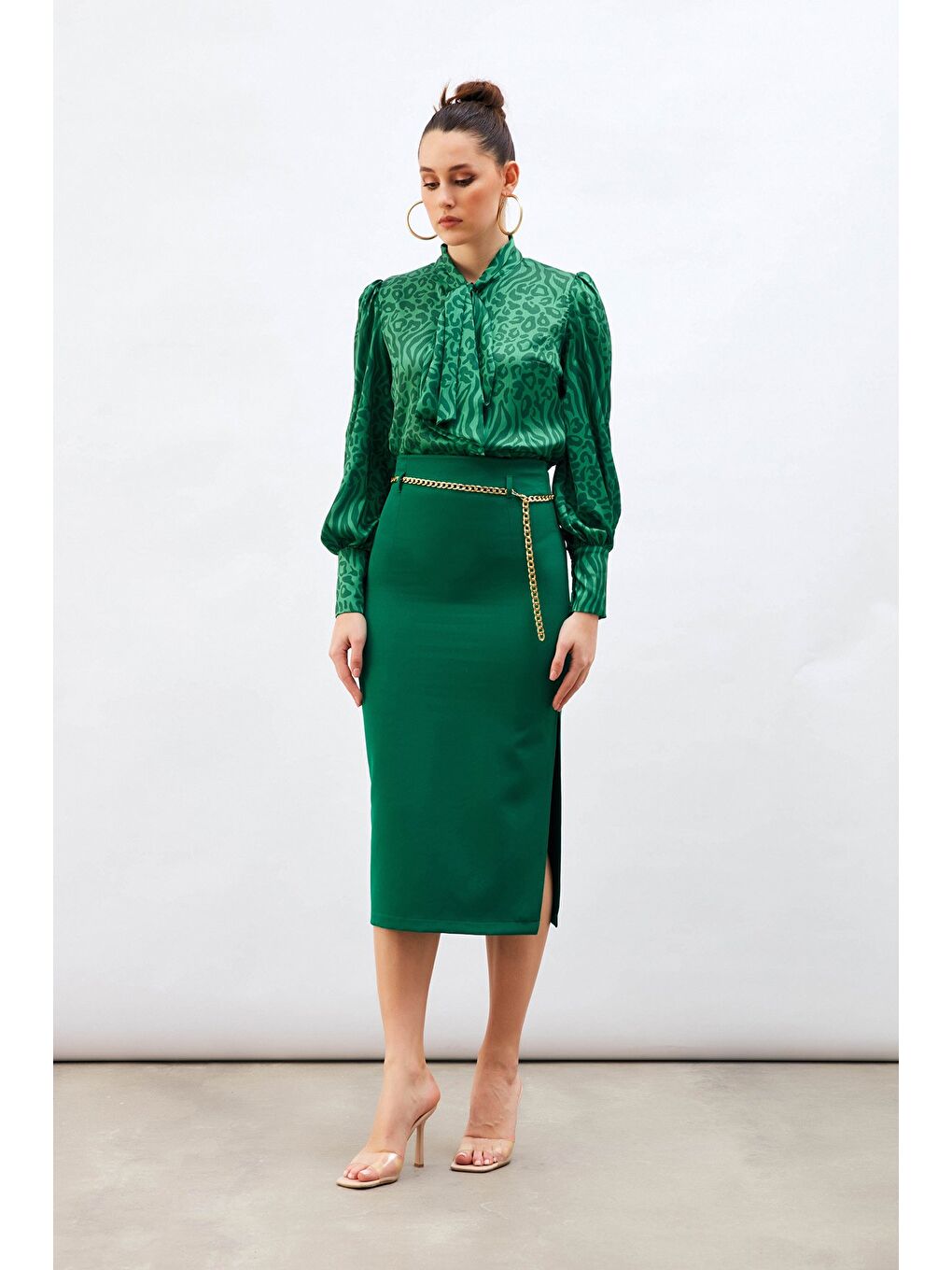 Yeşil Zincir Kemerli Kalem Etek - Zümrüt-2
