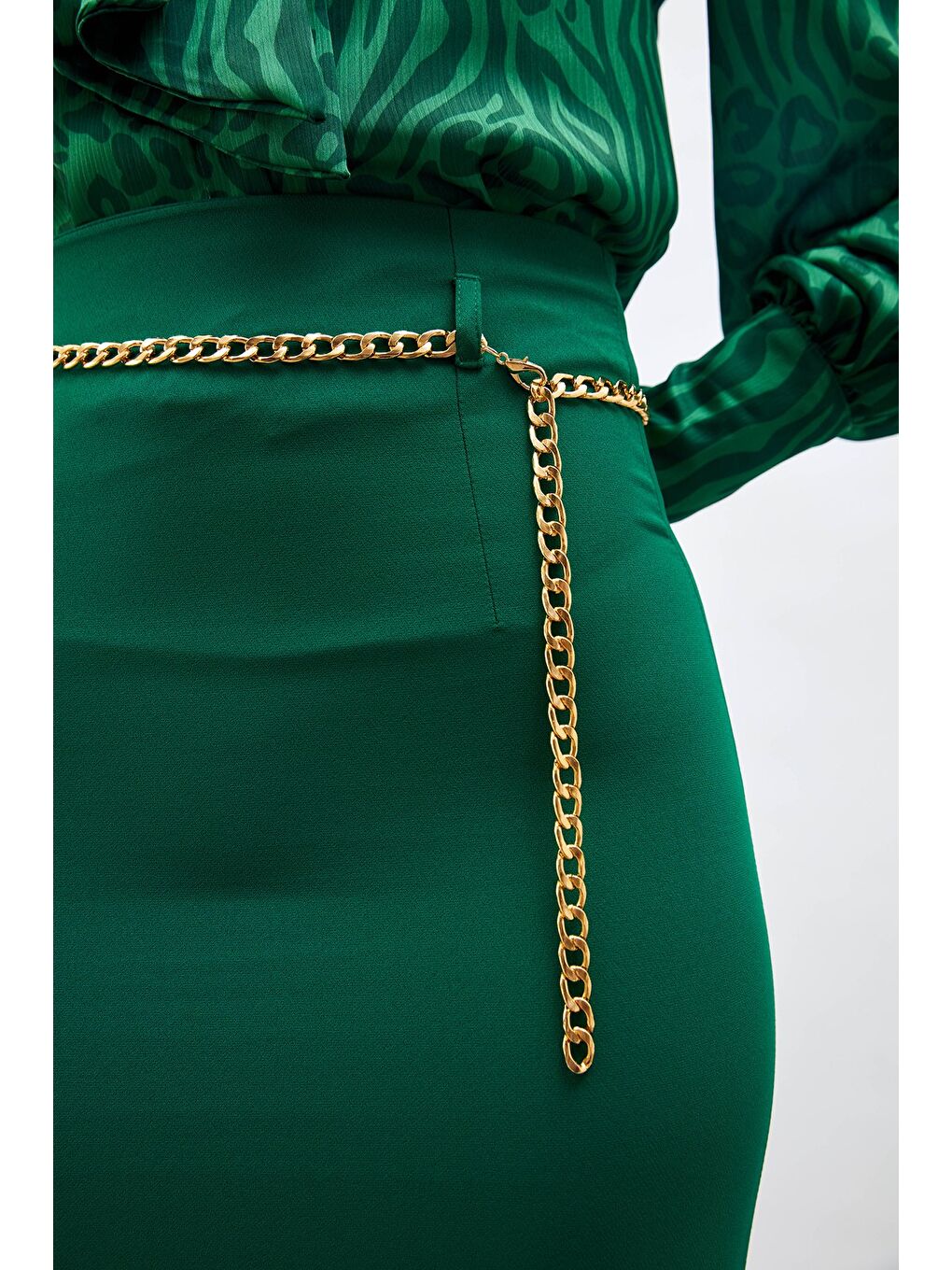 Yeşil Zincir Kemerli Kalem Etek - Zümrüt-3