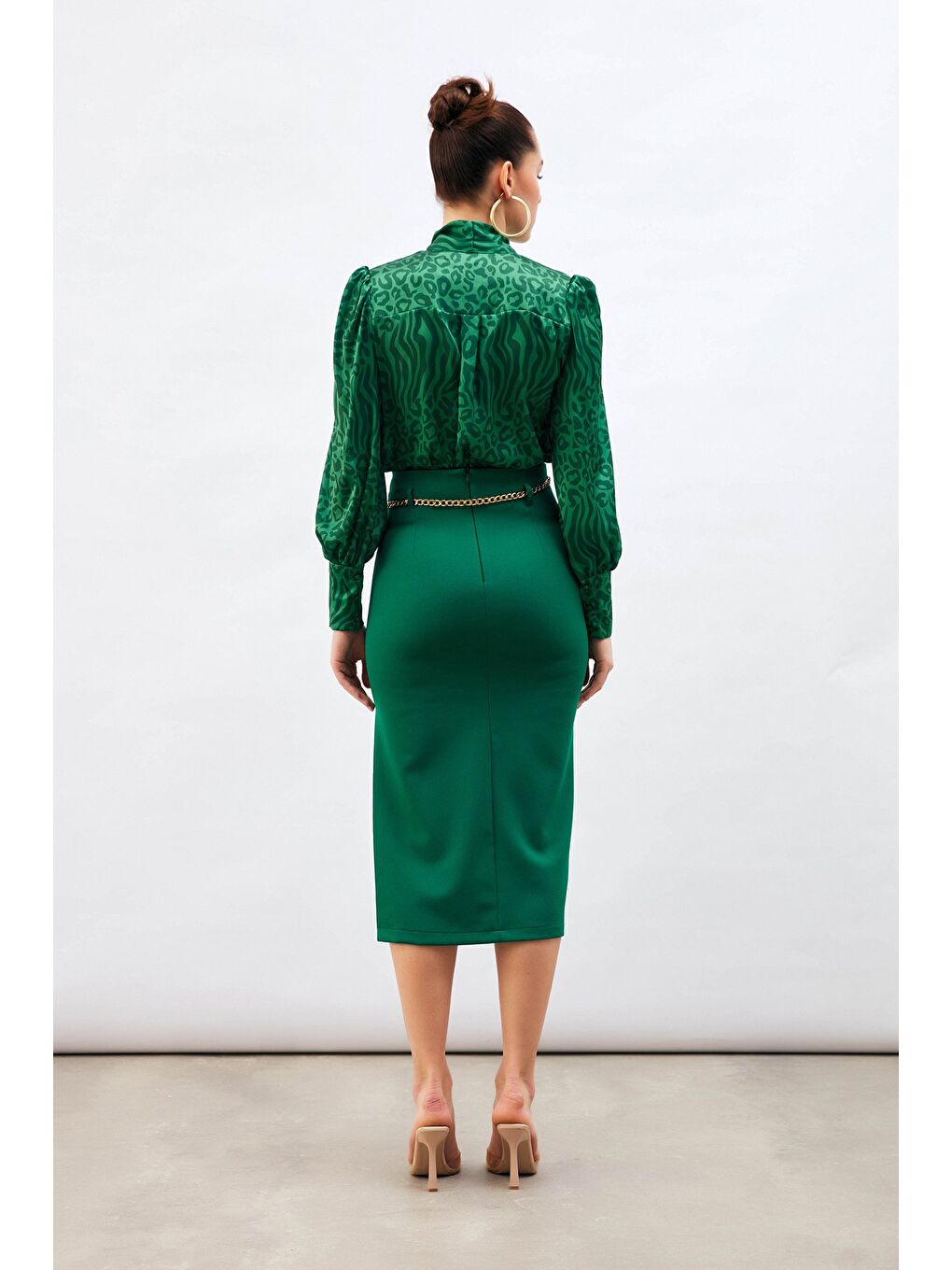 Yeşil Zincir Kemerli Kalem Etek - Zümrüt-4