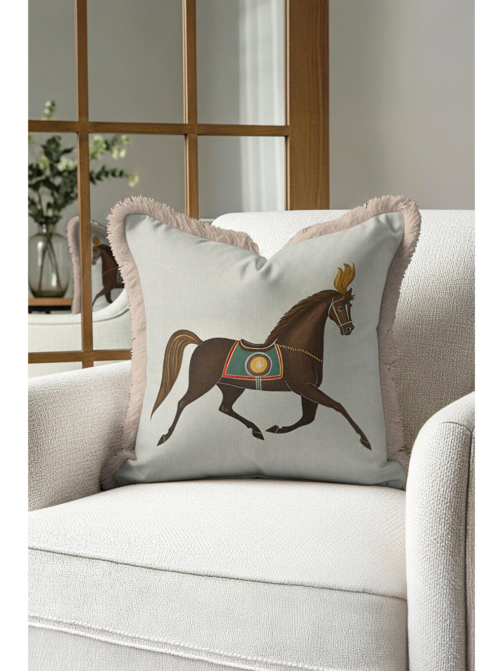 Karışık Zarif At Figürlü Saçaklı Yastık Kılıfı - Klasik Temalı Bej Kahverengi Püsküllü Kırlent Kılıfı-1