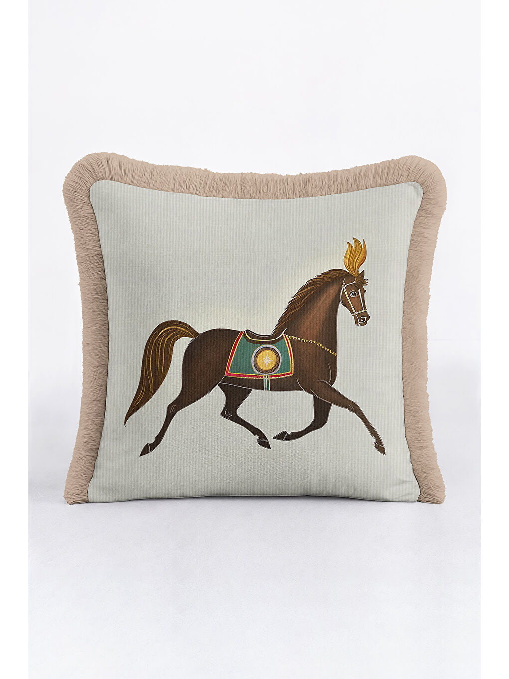 Karışık Zarif At Figürlü Saçaklı Yastık Kılıfı - Klasik Temalı Bej Kahverengi Püsküllü Kırlent Kılıfı-2