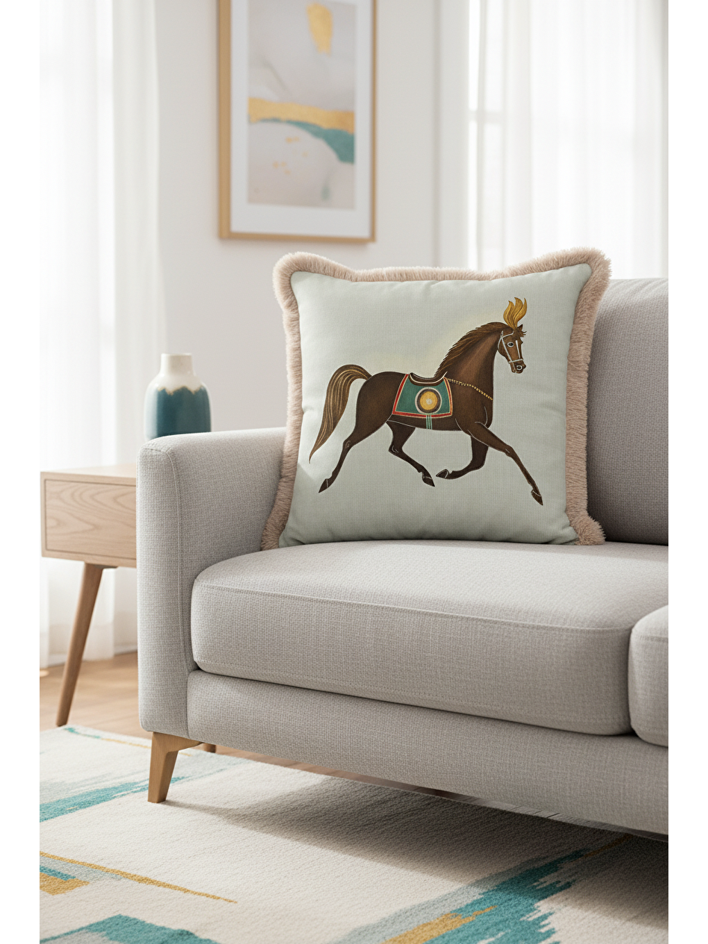 Karışık Zarif At Figürlü Saçaklı Yastık Kılıfı - Klasik Temalı Bej Kahverengi Püsküllü Kırlent Kılıfı-4