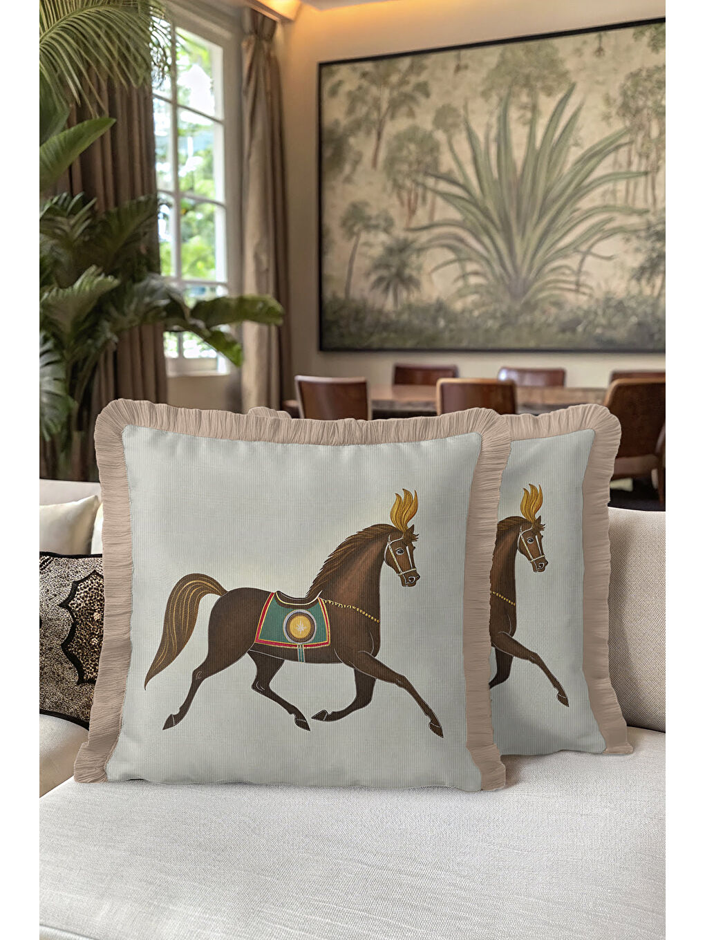 Karışık Zarif At Figürlü Saçaklı Yastık Kılıfı - Klasik Temalı Bej Kahverengi Püsküllü Kırlent Kılıfı-5