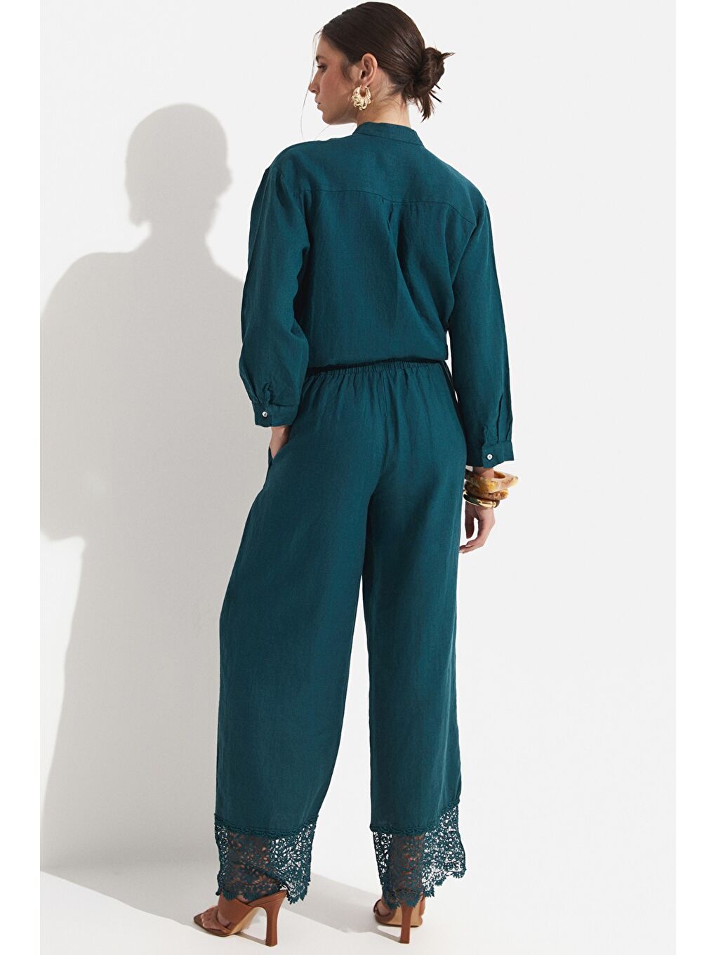 Petrol Kadın Exclusive %100 Keten Wide Leg/Geniş Paça Dantel Detaylı Pantolon-5