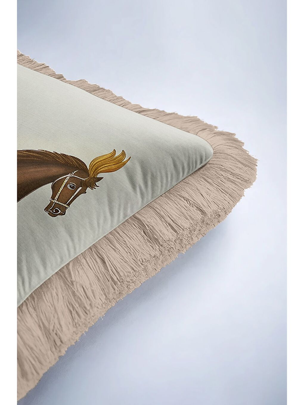 Karışık Zarif At Figürlü Saçaklı Yastık Kılıfı - Klasik Temalı Bej Kahverengi Püsküllü Kırlent Kılıfı-6