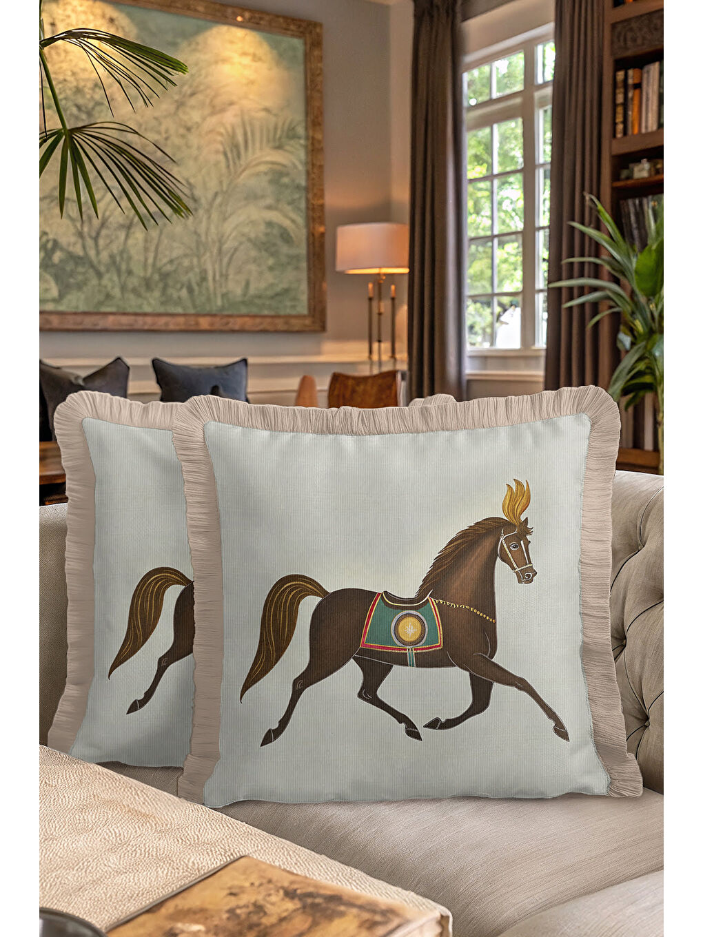 Karışık Zarif At Figürlü Saçaklı Yastık Kılıfı - Klasik Temalı Bej Kahverengi Püsküllü Kırlent Kılıfı-7