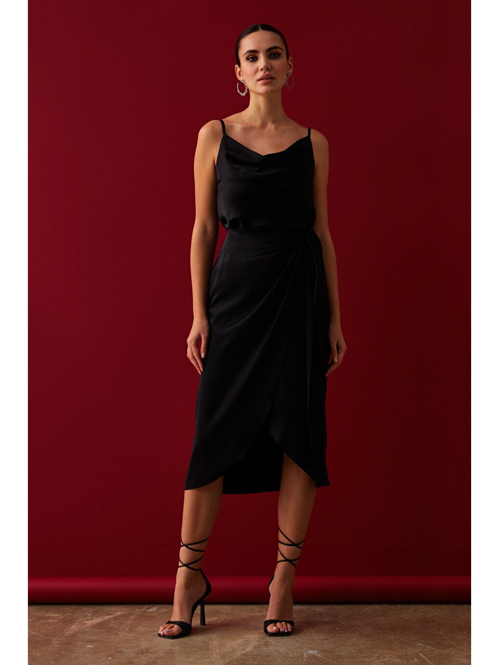 Bağlama Detaylı Kruvaze Etek - Siyah-2