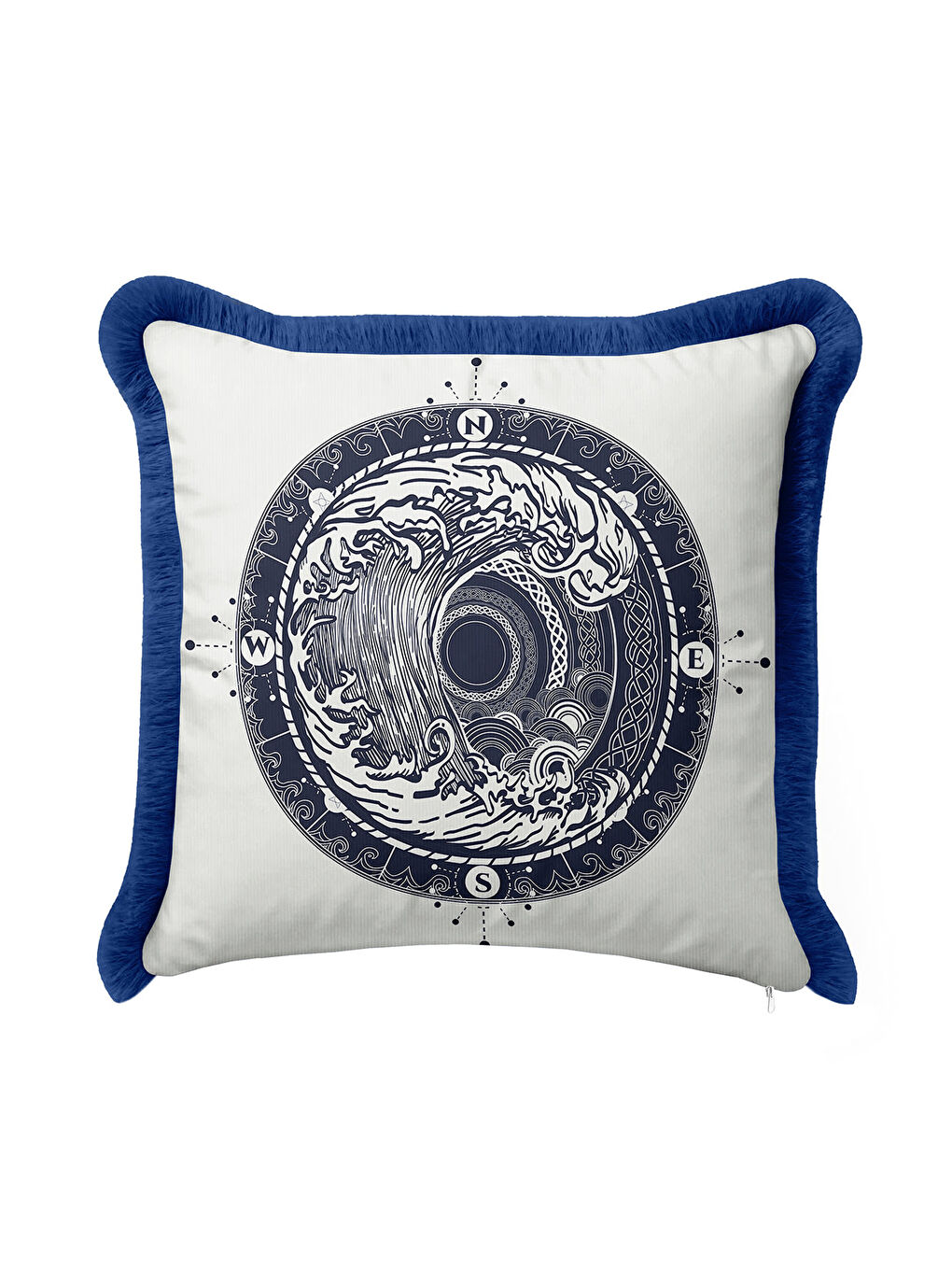 Karışık Nautical Dalga Motifli Saçaklı Yastık Kılıfı - Marin Modern Lacivert Püsküllü Kırlent Kılıfı