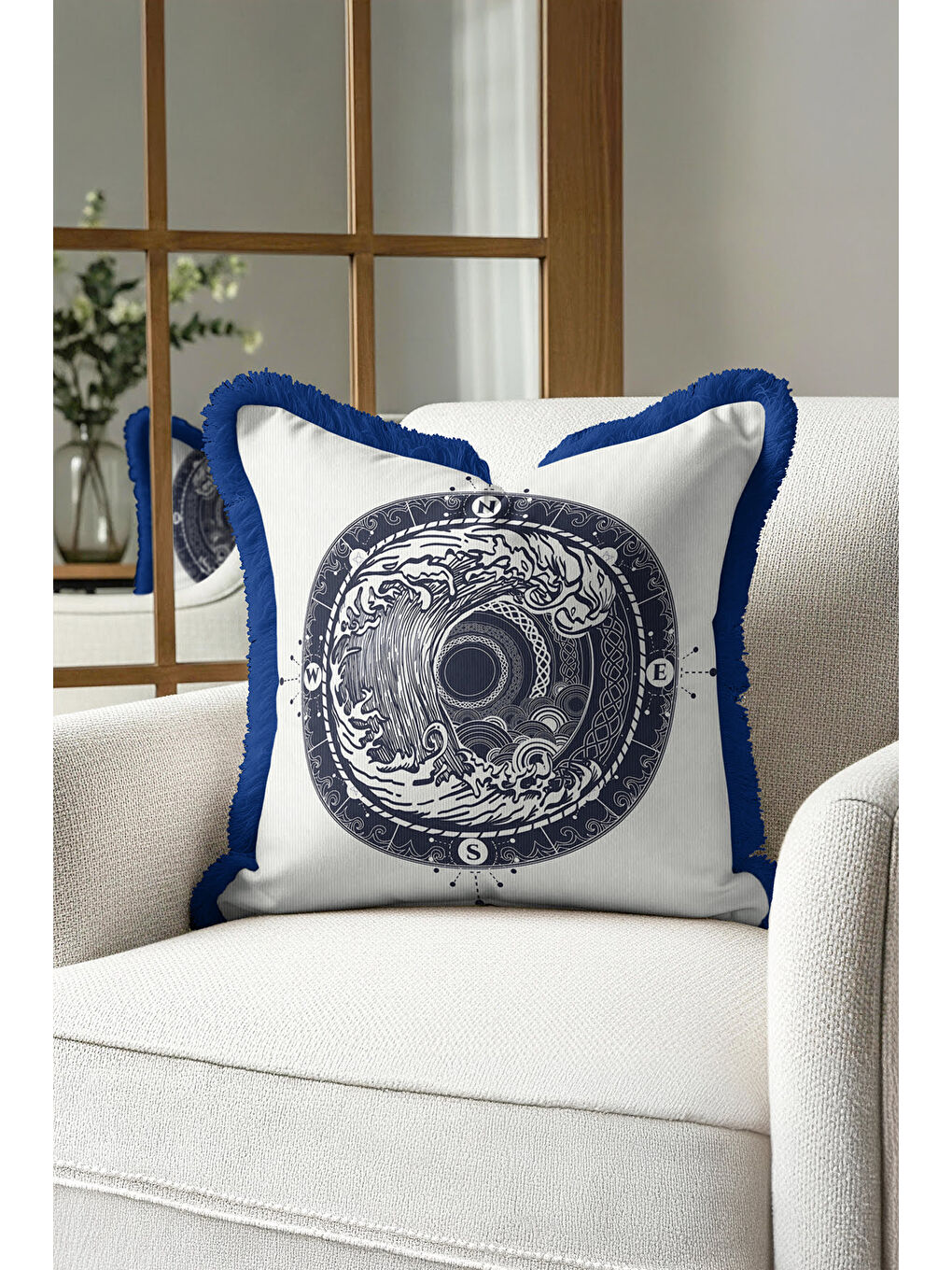 Karışık Nautical Dalga Motifli Saçaklı Yastık Kılıfı - Marin Modern Lacivert Püsküllü Kırlent Kılıfı-1