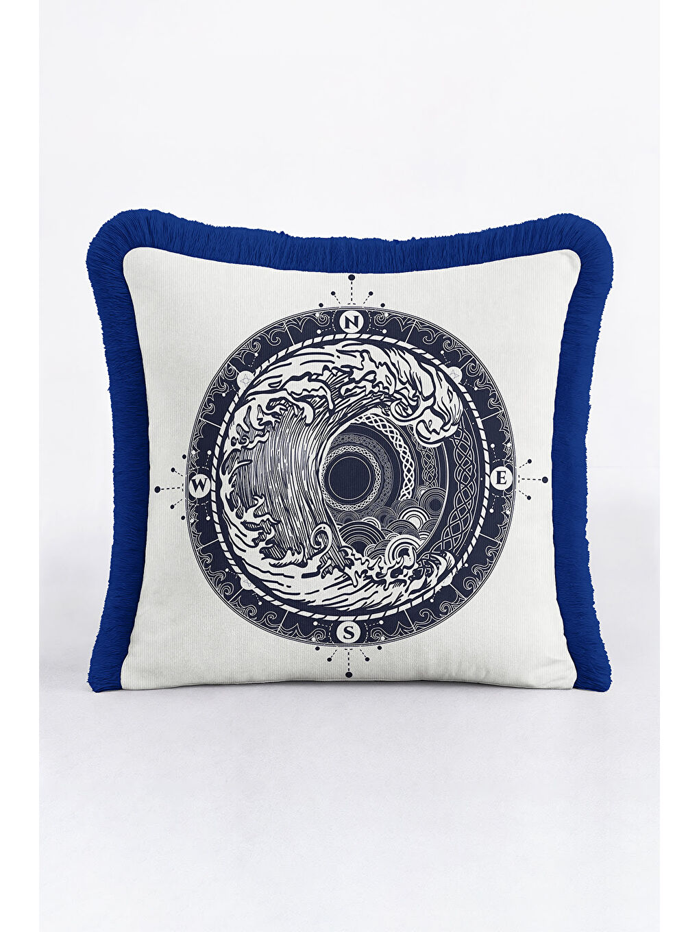 Karışık Nautical Dalga Motifli Saçaklı Yastık Kılıfı - Marin Modern Lacivert Püsküllü Kırlent Kılıfı-2