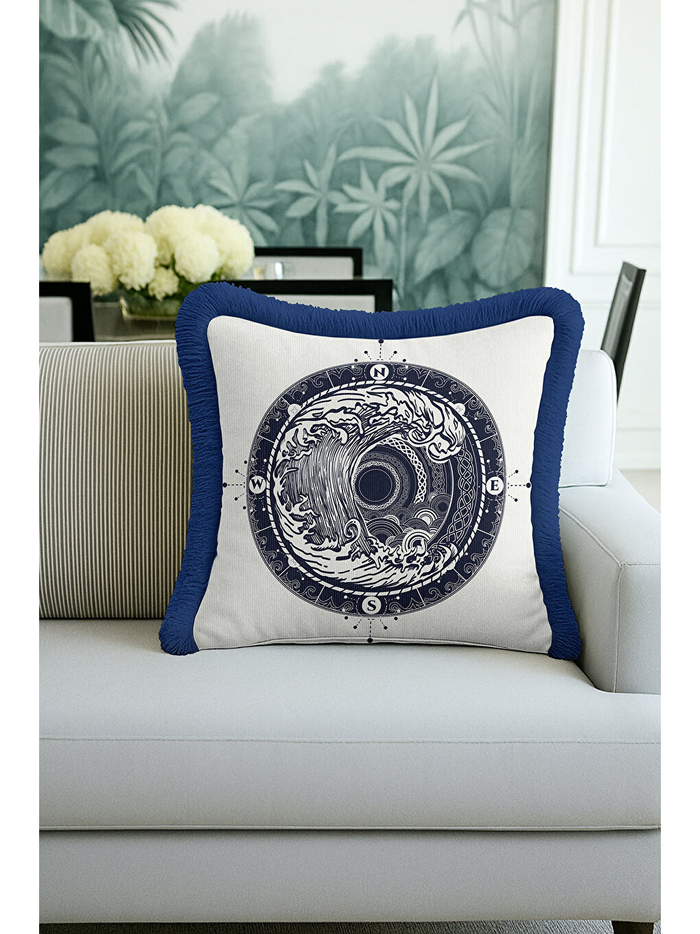 Karışık Nautical Dalga Motifli Saçaklı Yastık Kılıfı - Marin Modern Lacivert Püsküllü Kırlent Kılıfı-3