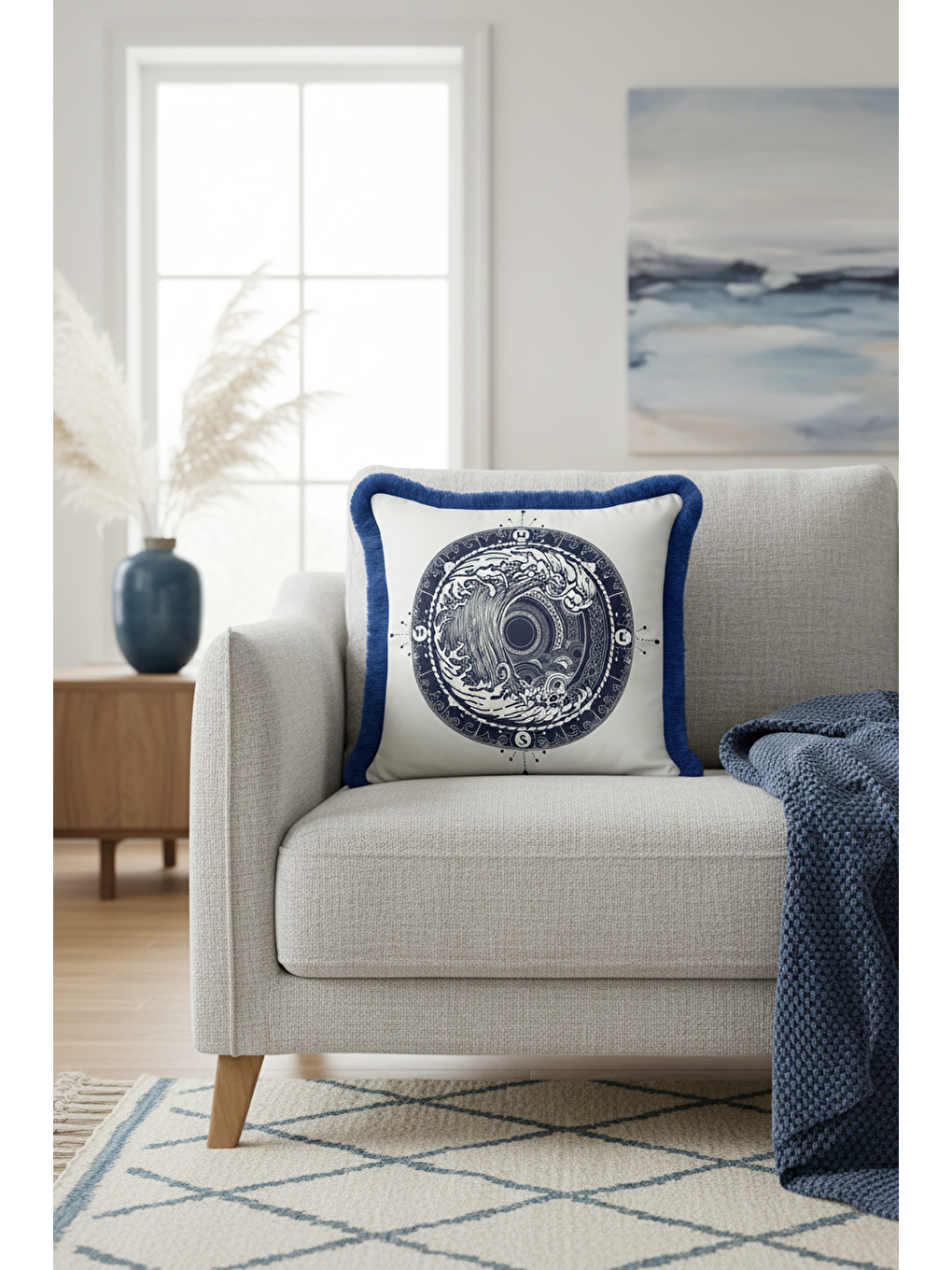 Karışık Nautical Dalga Motifli Saçaklı Yastık Kılıfı - Marin Modern Lacivert Püsküllü Kırlent Kılıfı-4